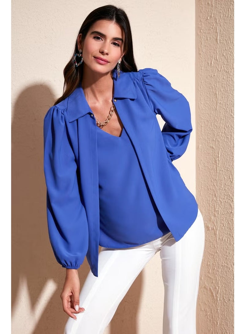 Lela Regular Fit V-Neck Balloon Sleeve Blouse Women's Blouse 611BZ0353 - Image 2
